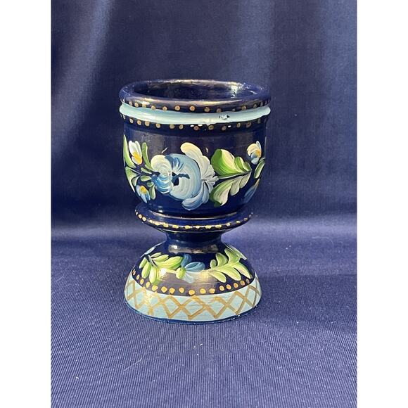 Hand Painted Wooden Cobalt Blue Egg Cup with Flowers Accents - Picture 3 of 6
